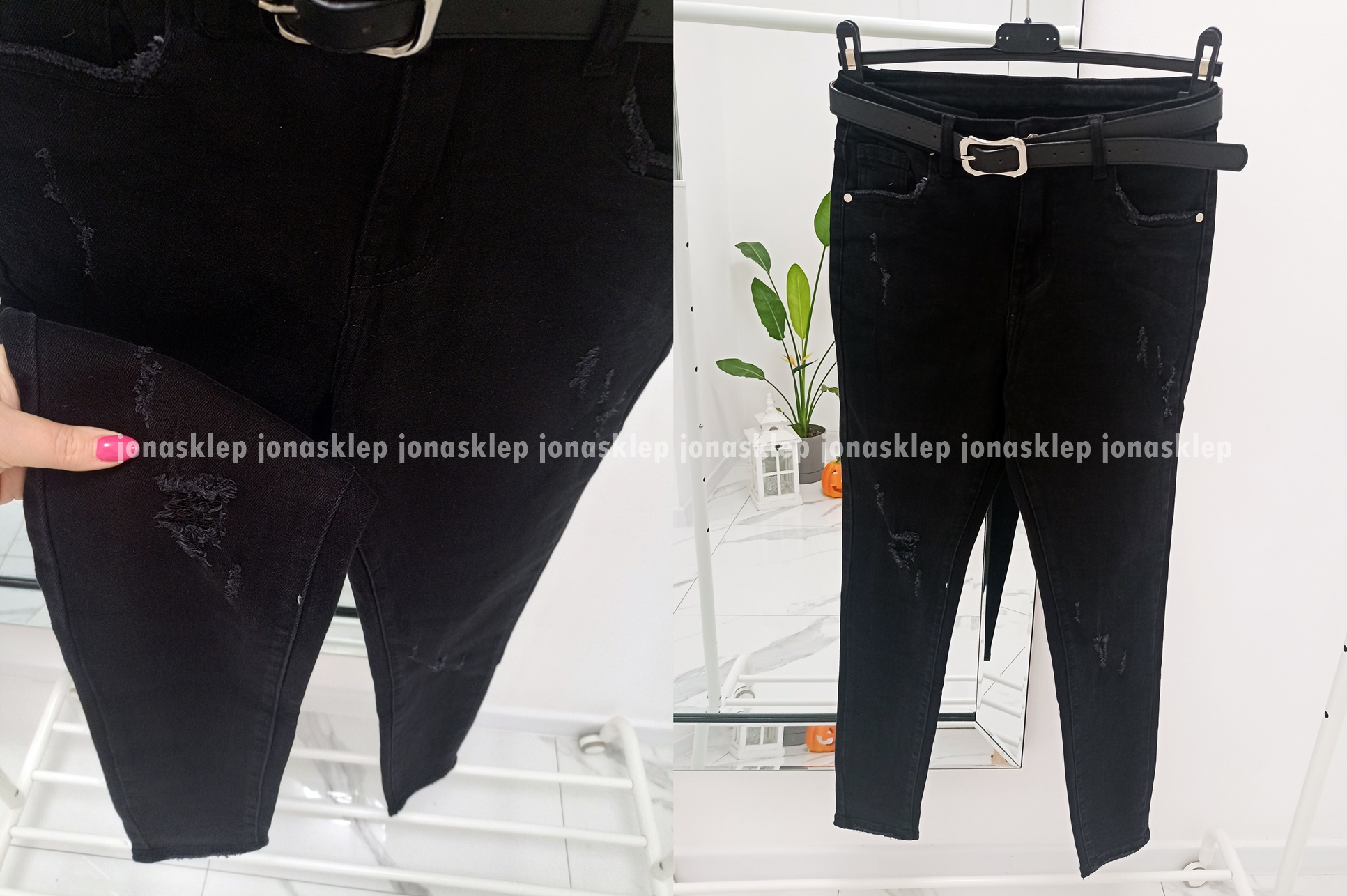 Jeansy damskie BLACK dziury przetarcia PLUS SIZE pasek