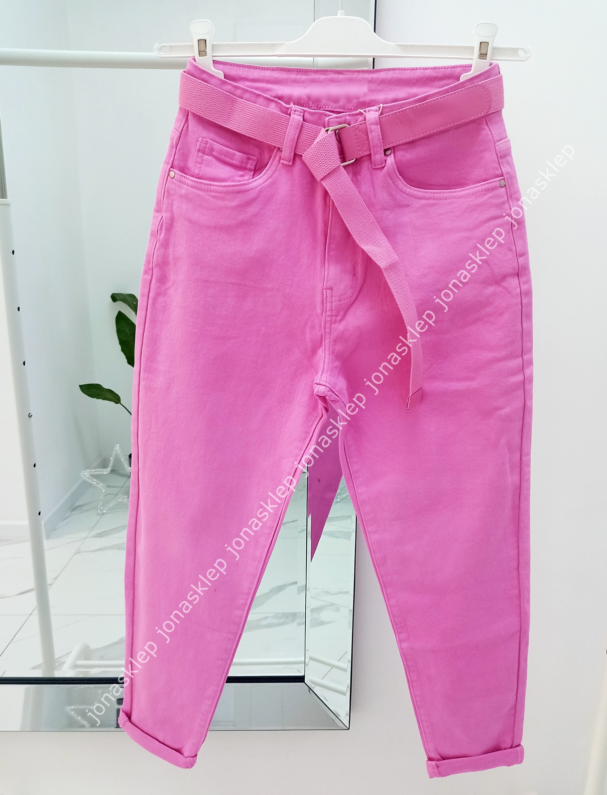 Boyfriend PINK luźne jeansy baggy pasek PLUS SIZE