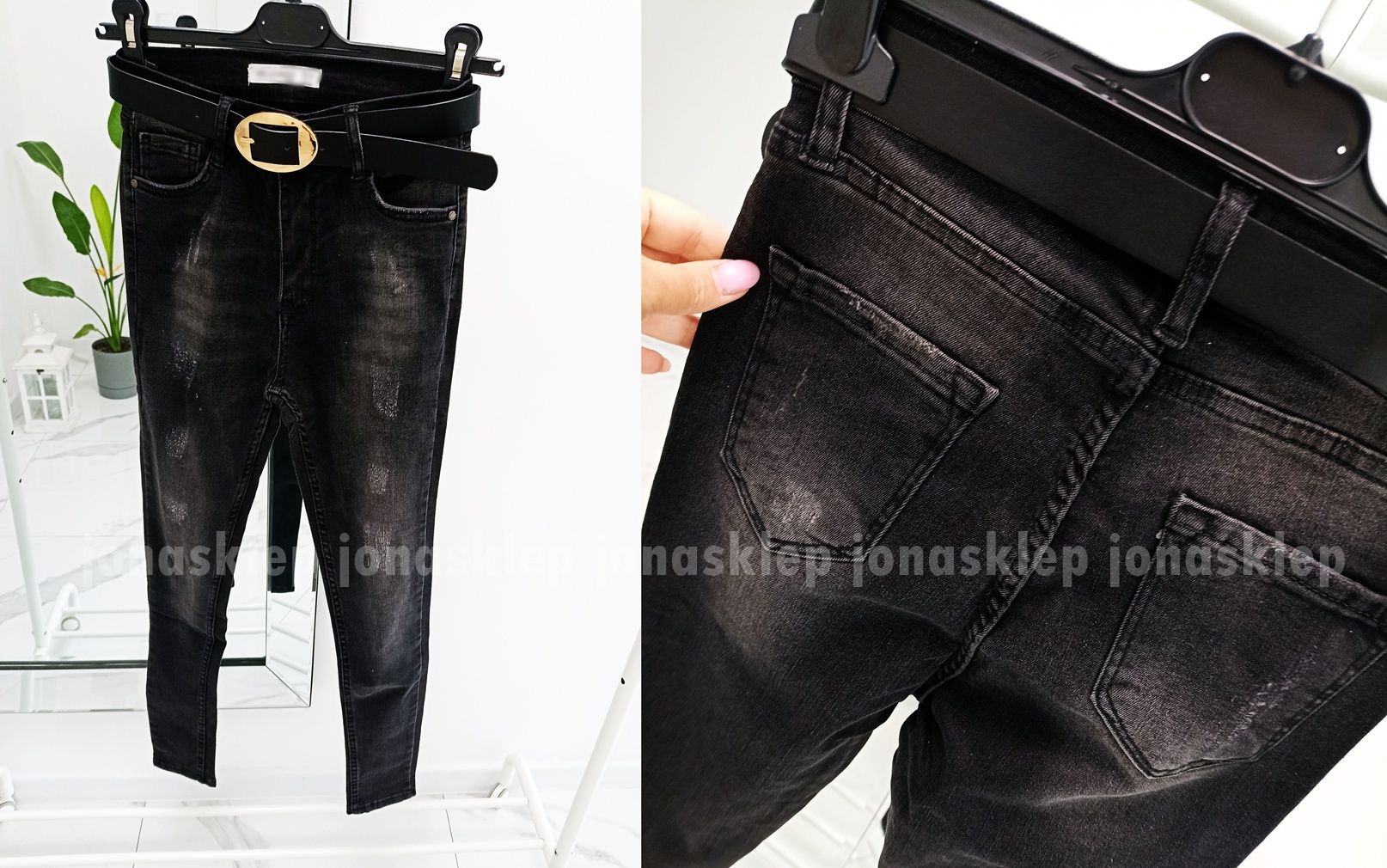 SLIM FIT czarne jeansy przetarcia  