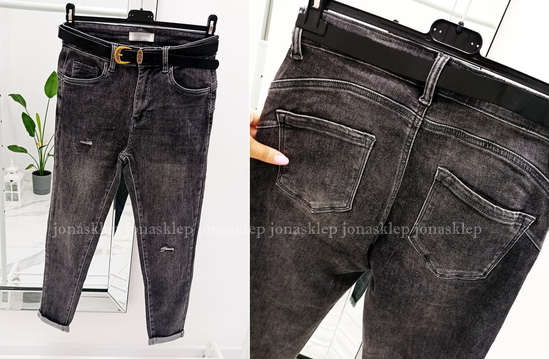 Jeansy damskie GRAY dziury pasek PLUS SIZE