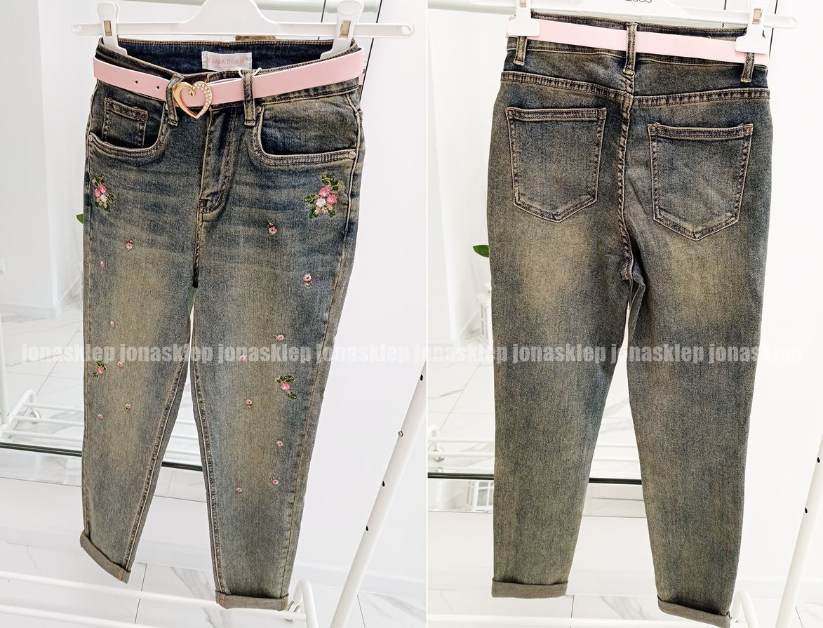 FLOWERS Boyfriendy mom fit KWIATY haft pasek