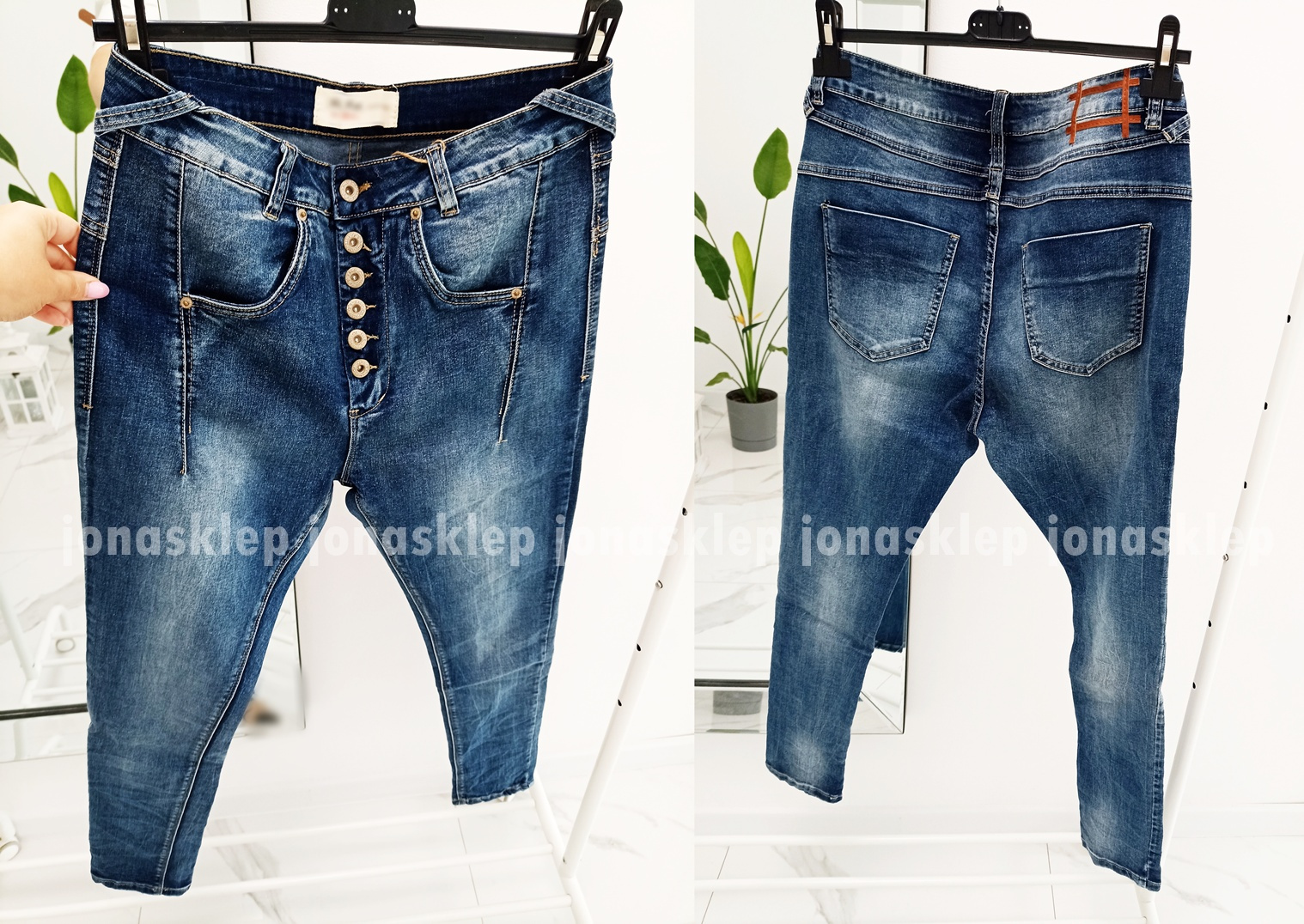 Jeansy damskie MOM guziki przeszycia plus size