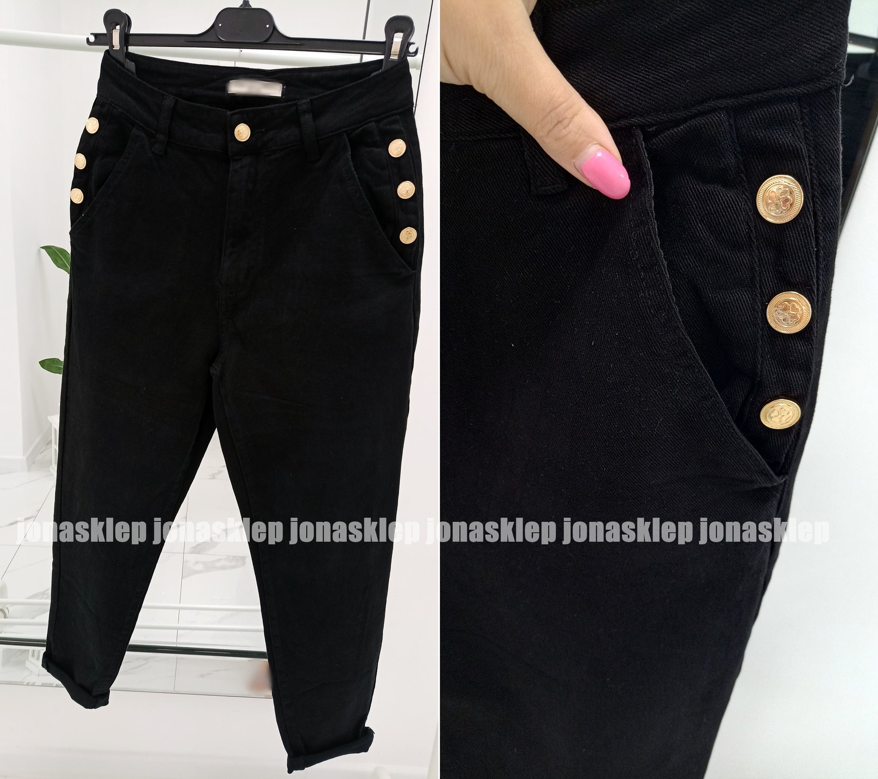 BLACK jeans MOM FIT guziki BUTTON GOLD