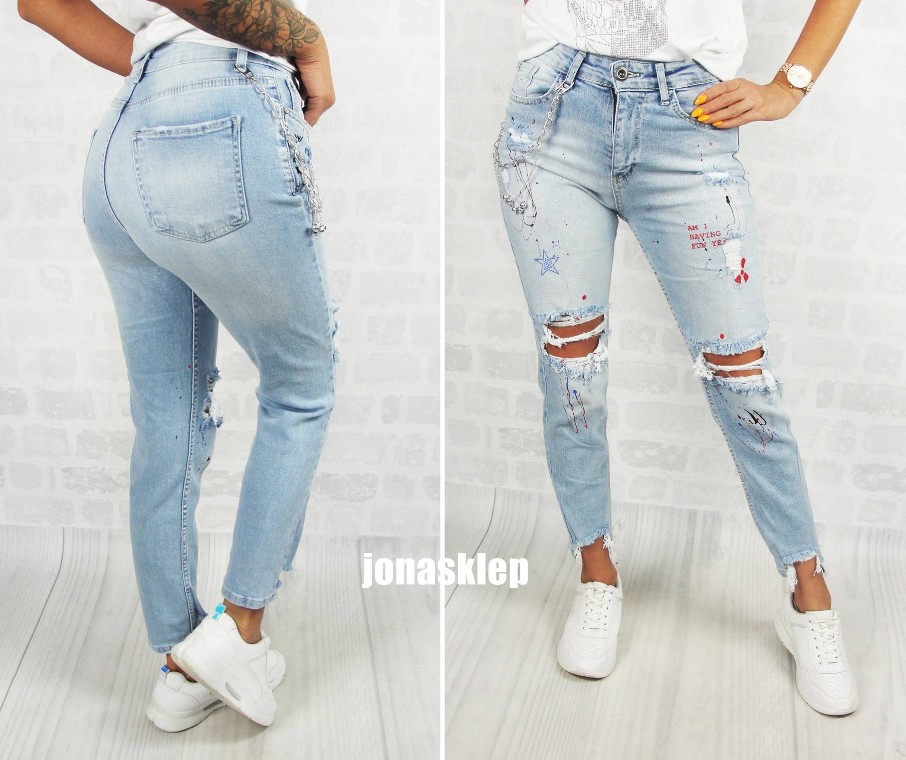 BAGGY jeansy print Nadruk dziury glory