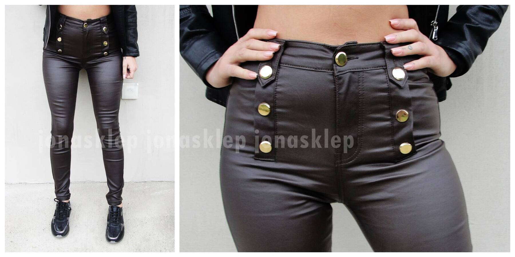 Czekoladowe spodnie woskowane Złote guziki