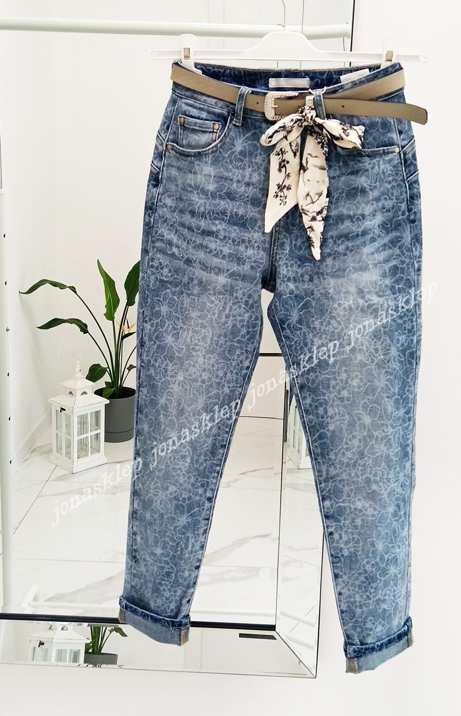 Jeansy w kwiaty mom fit PRINT baggy PASEK