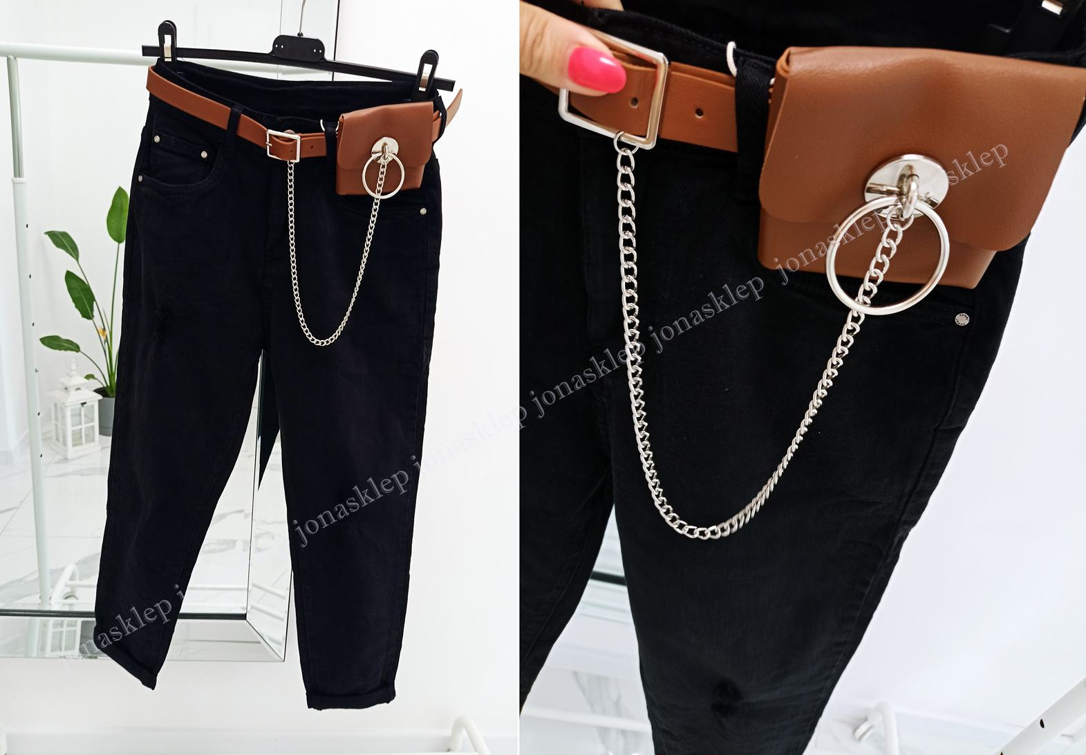 MAYBE mom fit casual BLACK baggy pasek camel saszetka