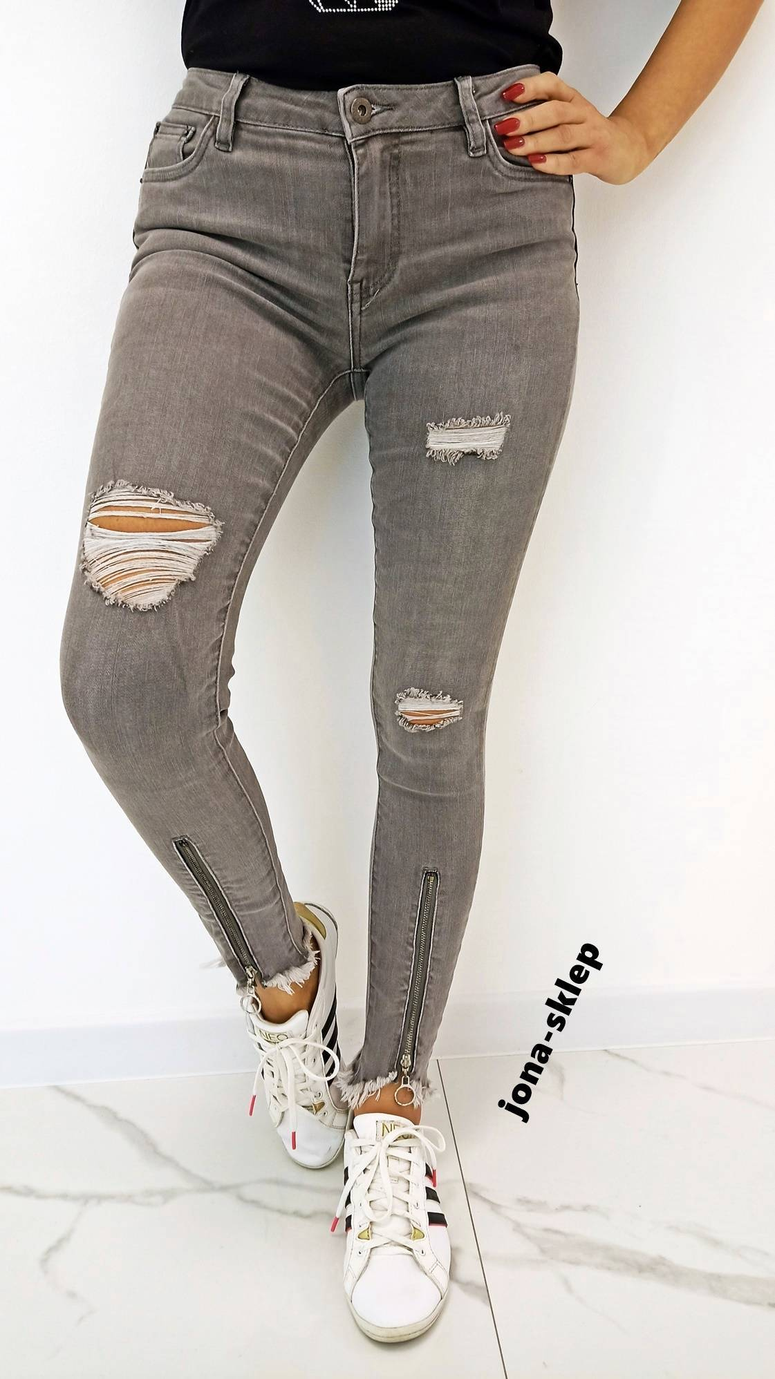 Gray jeansy ADDICT zip szare dziury