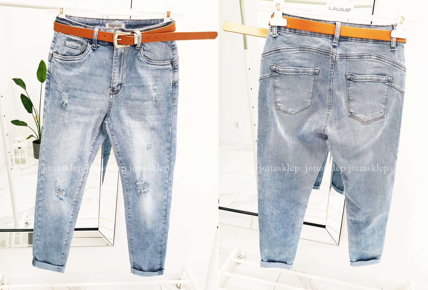 Jeansy damskie JASNE dziury pasek PLUS SIZE