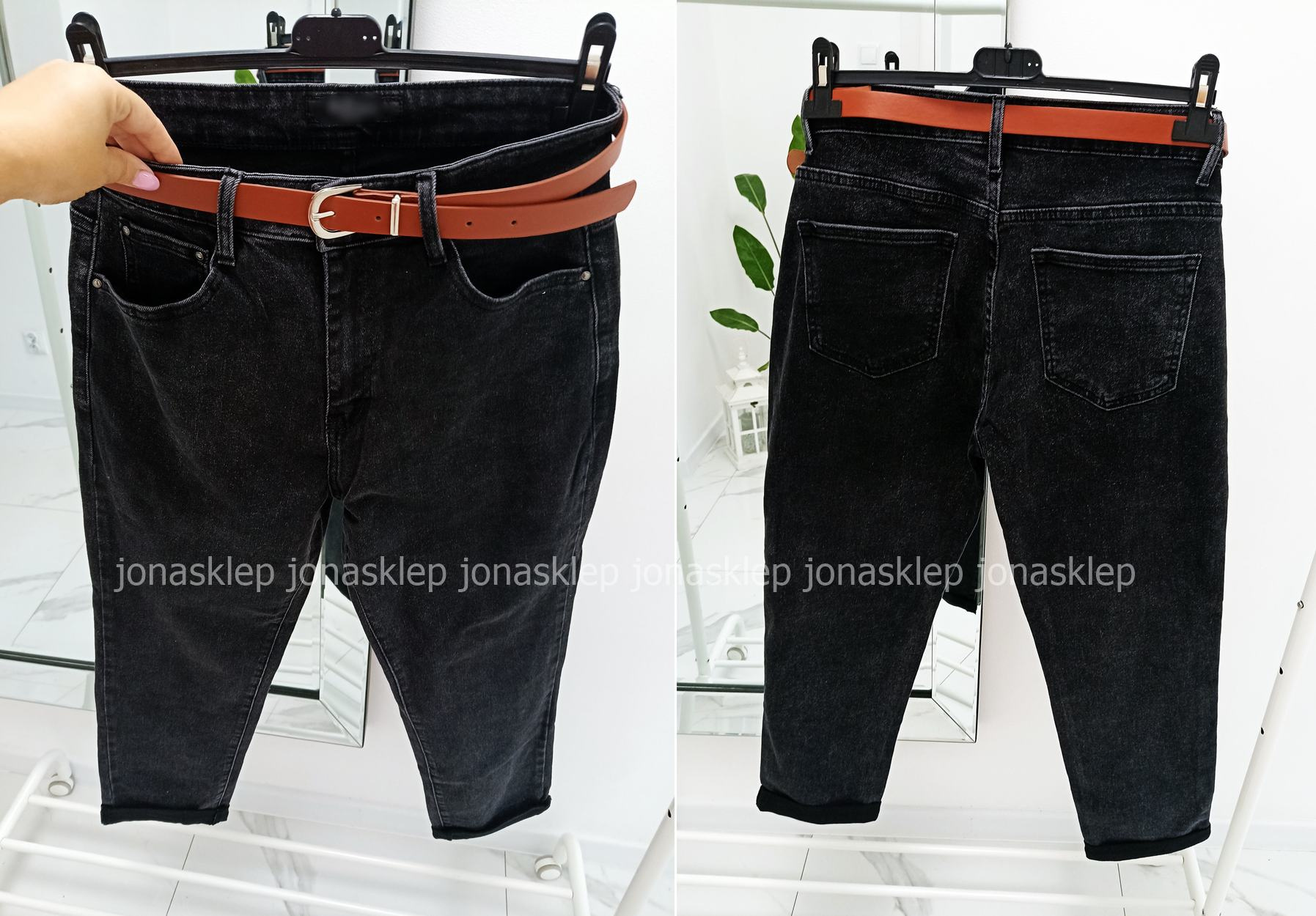 Boyfriend CZARNE luźne jeansy baggy PASEK PLUS SIZE