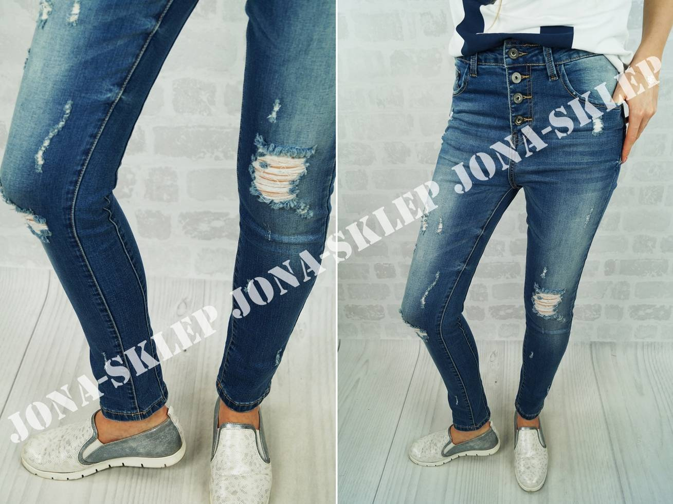 dark  DENIM JEANS z guzikami dziury