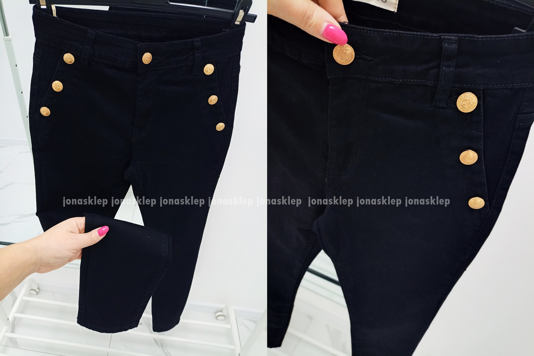 Czarne jeansy złote guziki SLIM FIT BUTTON plus size
