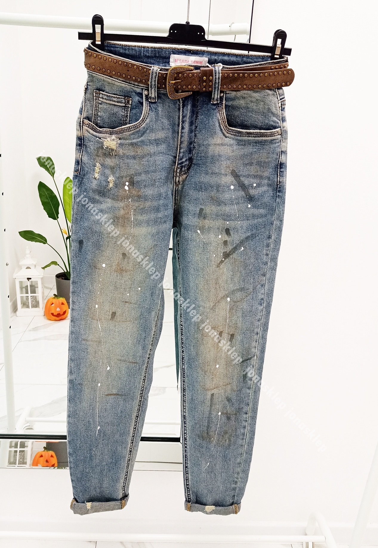 Jeansy mom fit casual baggy pasek PRINT farbki