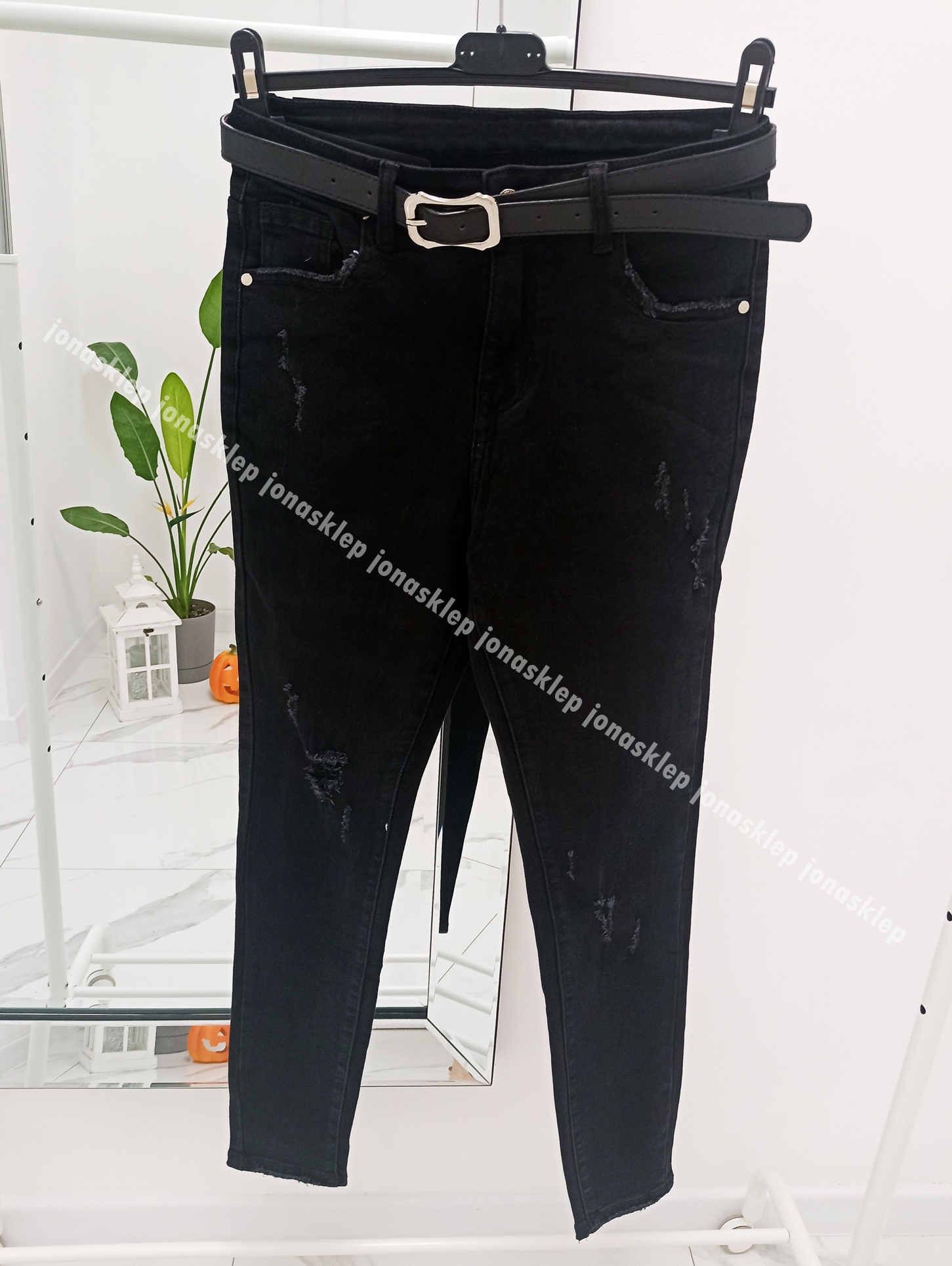 Jeansy damskie BLACK dziury przetarcia PLUS SIZE pasek