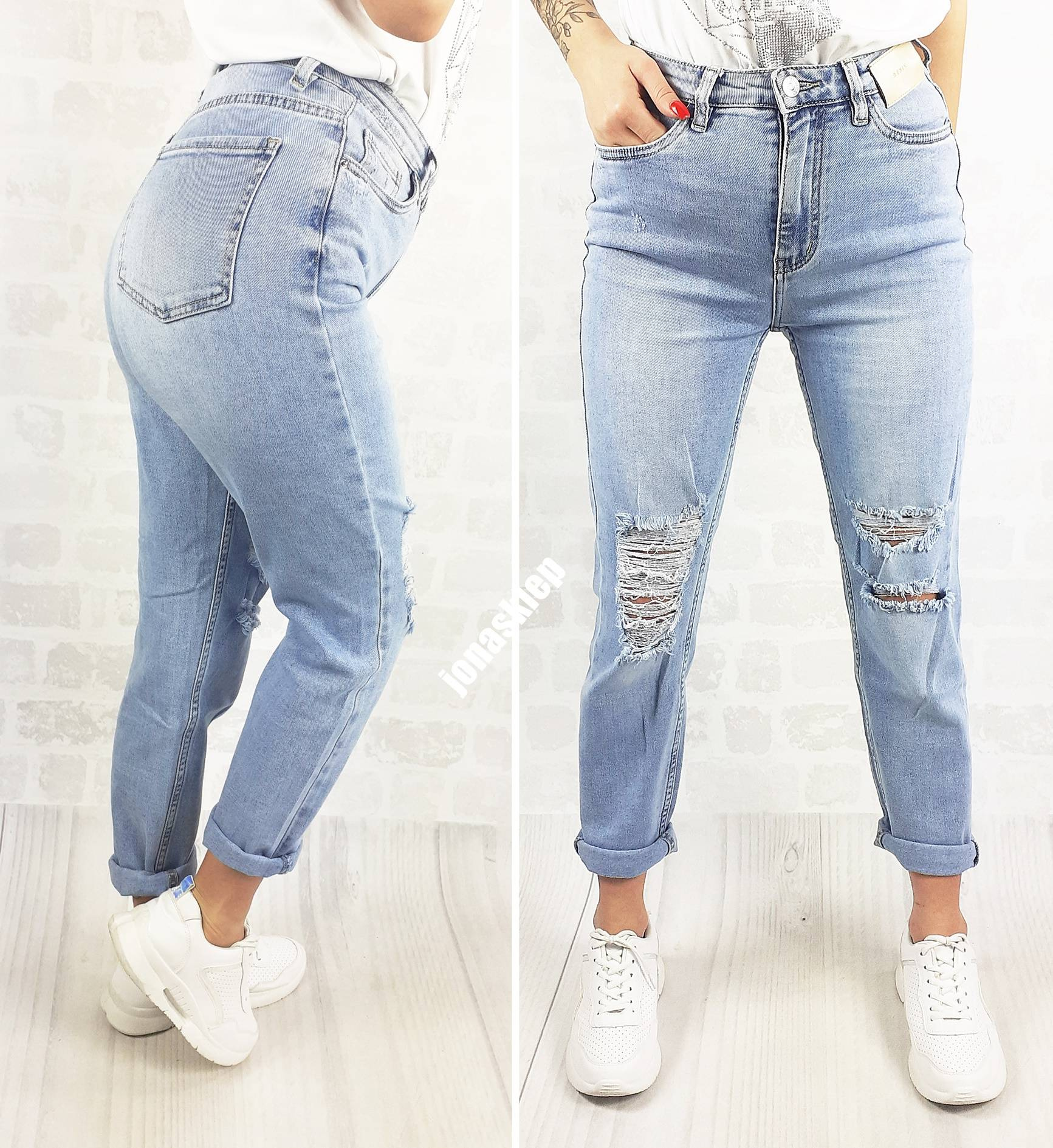 DENIM MOM FIT JASNE JEANSY HOLES