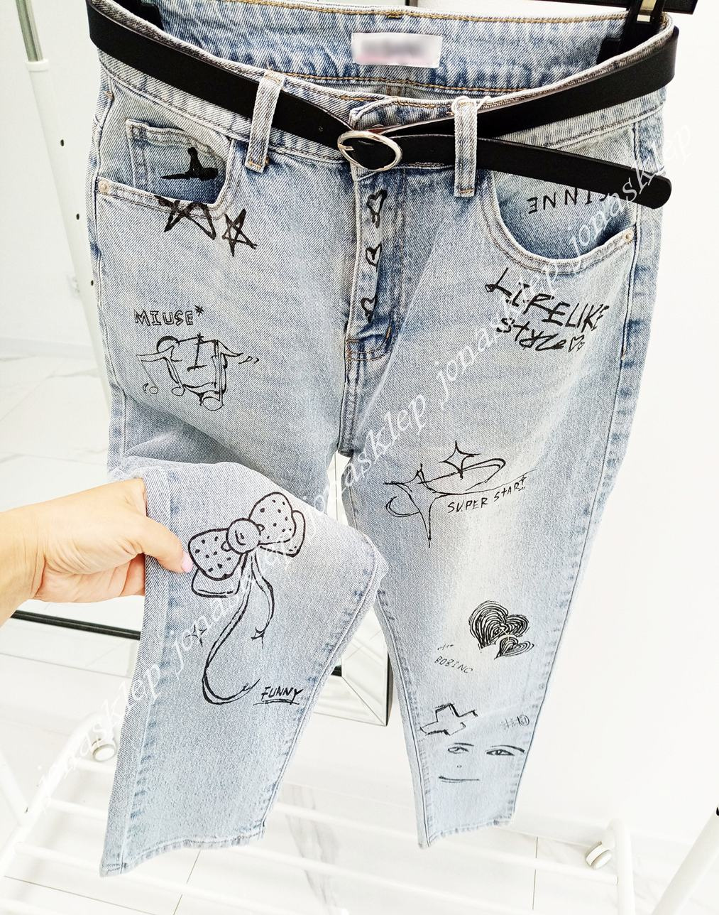 BAGGY jeansy print Nadruk NASZYWKI