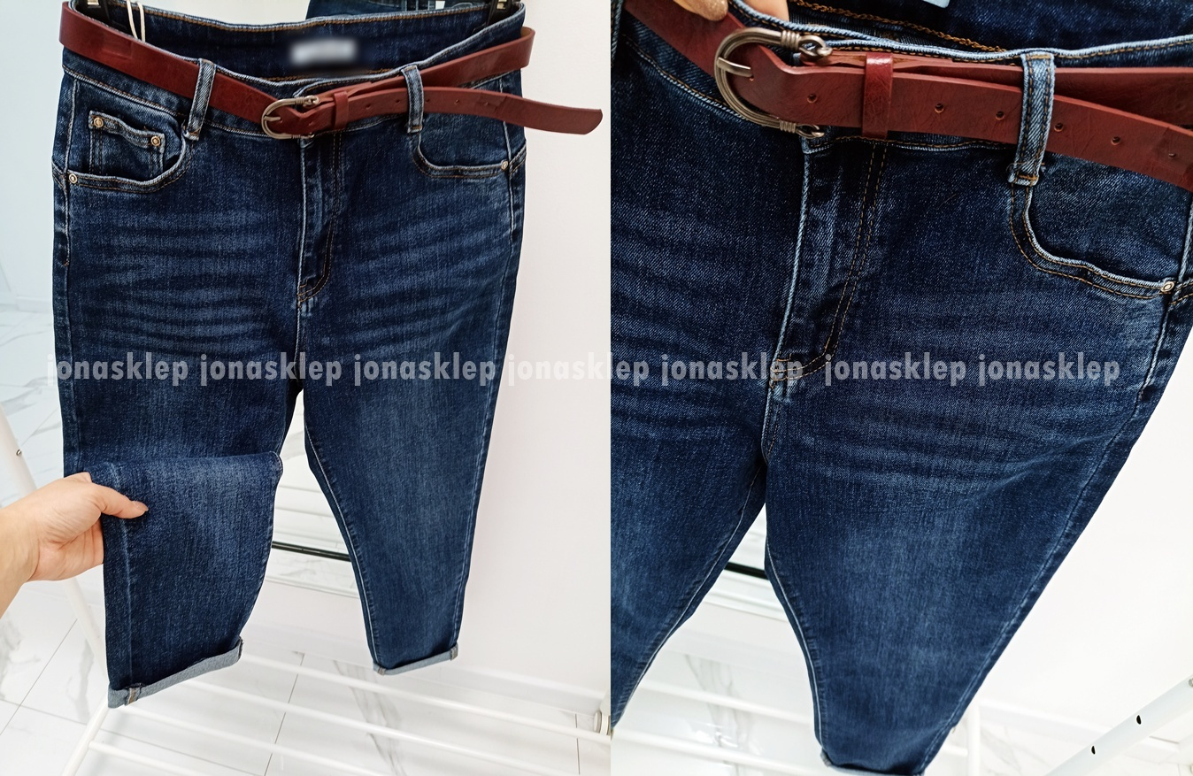 MOM JEANS casual blue dark PASEK PLUS SIZE