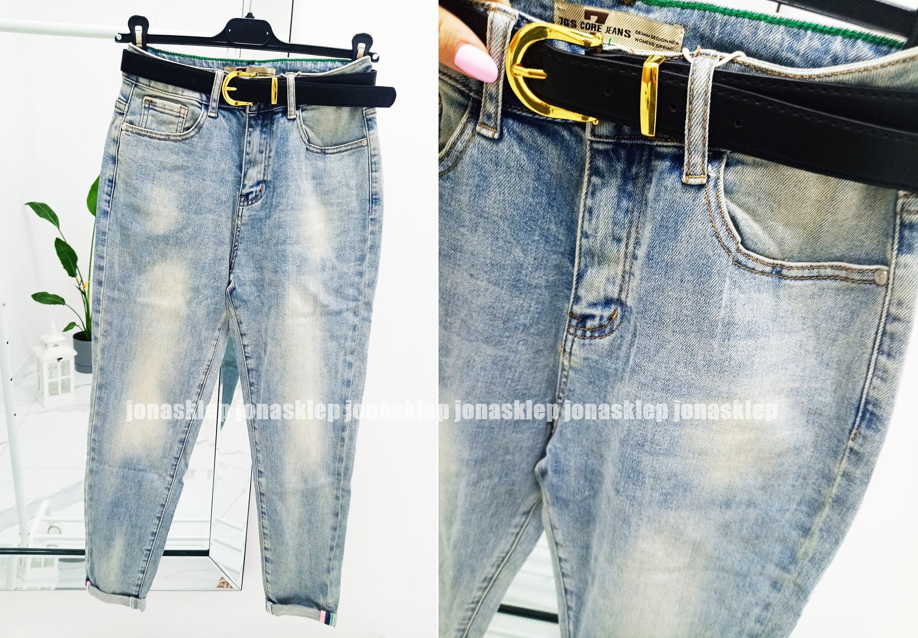 Jeansy mom fit podwijane casual baggy pasek