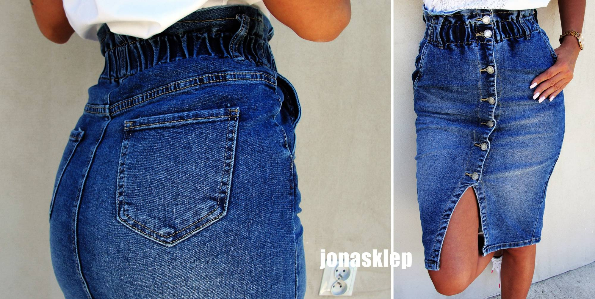 Elegancka jeans Spódnica BUTTON rozporek blue