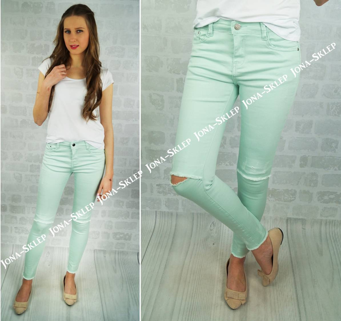 Classic miętowe jeans PUSH UP rurki dziury