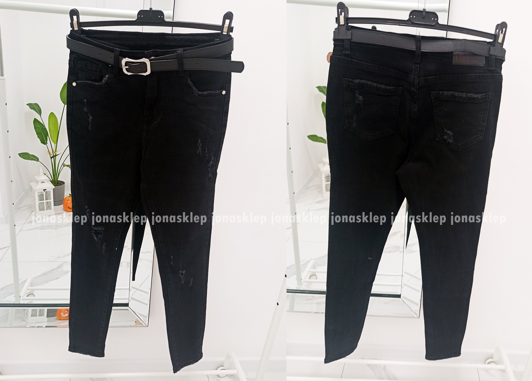 Jeansy damskie BLACK dziury przetarcia PLUS SIZE pasek