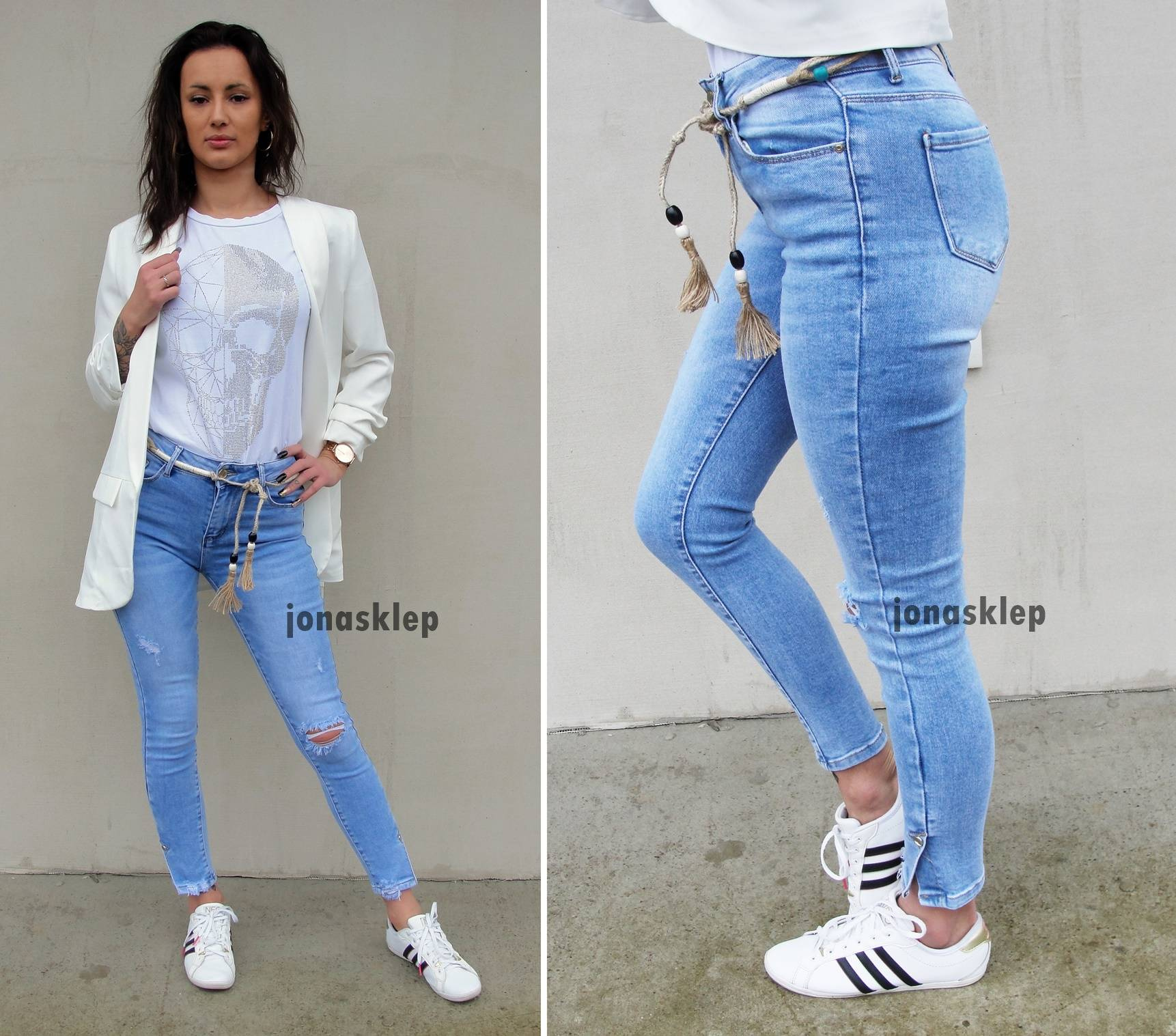 DENIM jasne JEANSY rozcięcia PASEK SKINNY napy