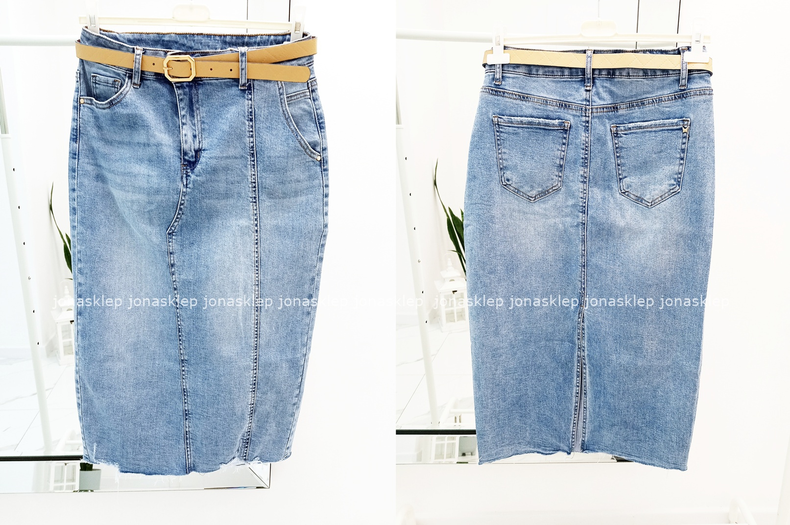 Elegancka jasna jeansowa Spódnica przeszycia MIDI rozporek PLUS SIZE