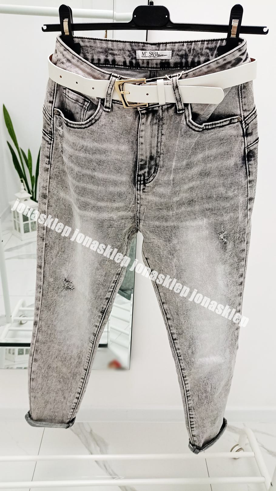 RELAXED mom fit jeans gray dziury PASEK