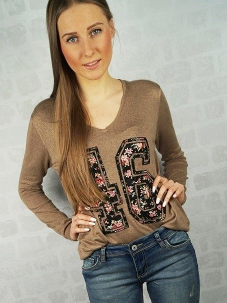 ŚLICZNY SWETER CYFRY folk DEKOLT nude