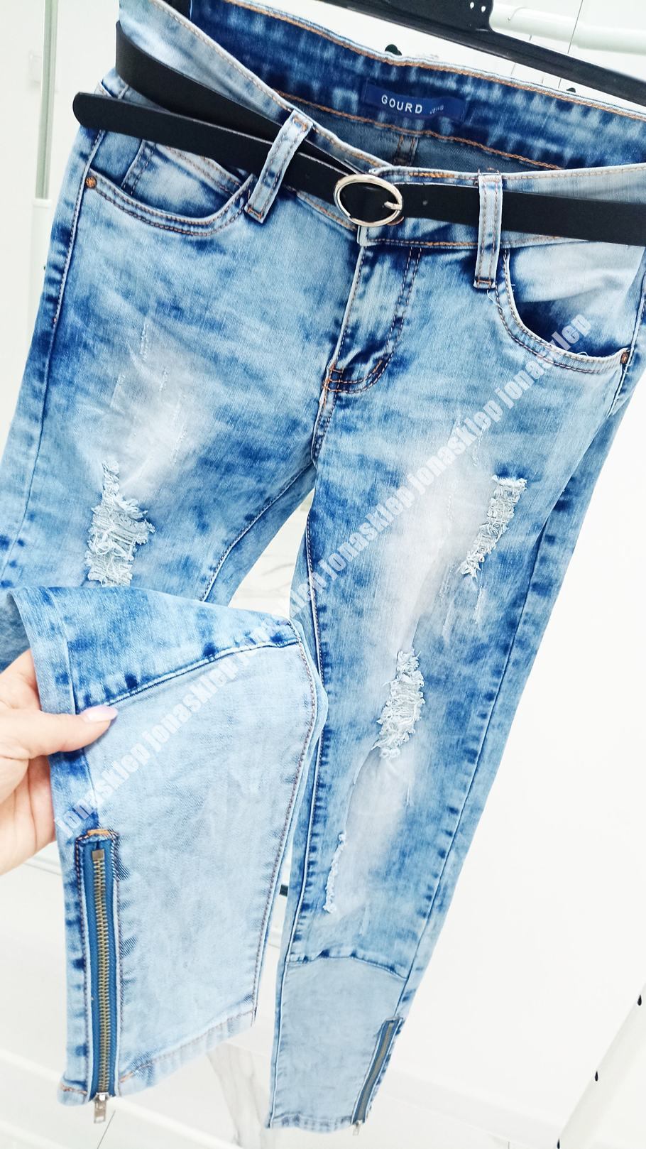 UNIKALNE JEANSY z dziurami ZIP zamki