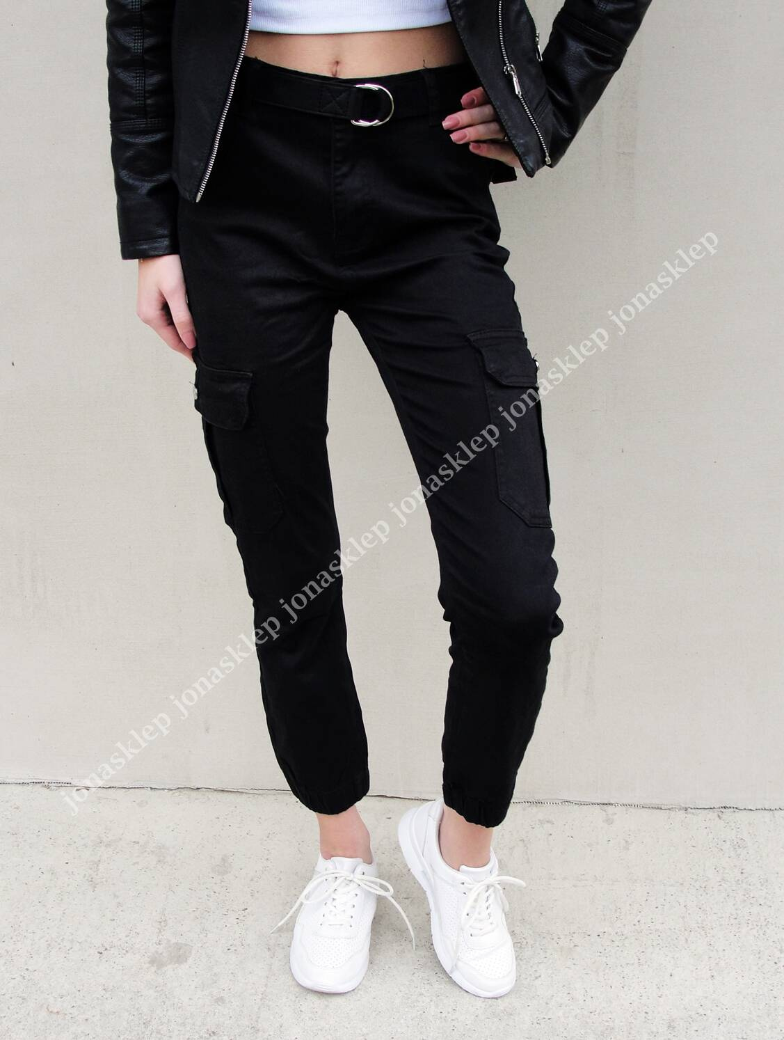 NEW STYLE bojówki jeans BLACK pasek