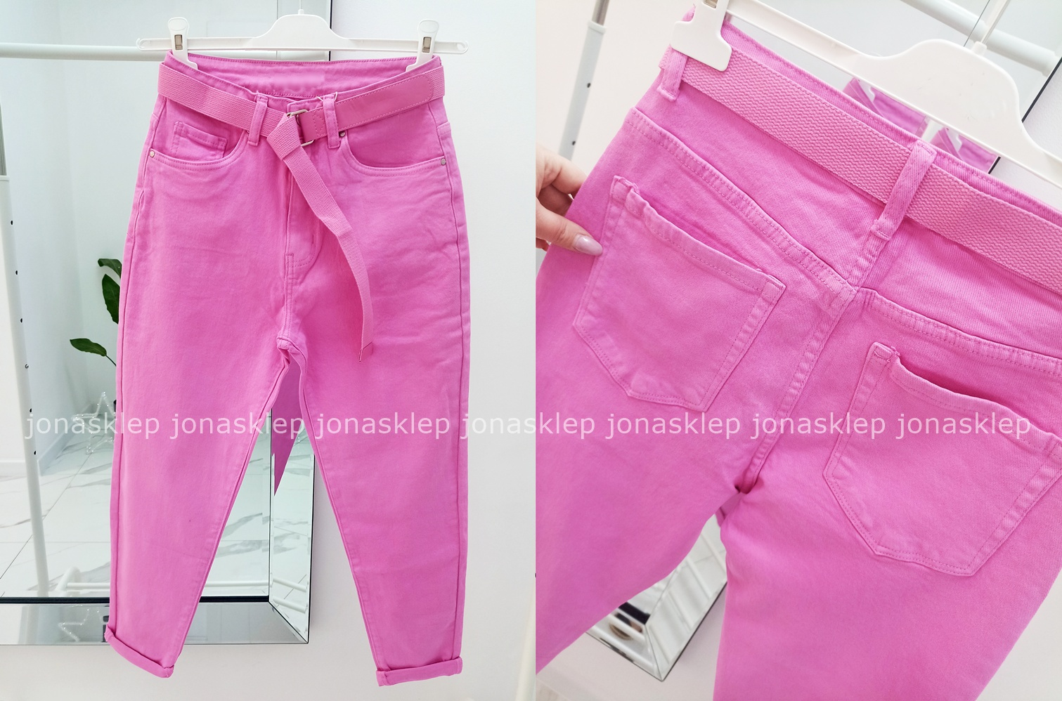 Boyfriend PINK luźne jeansy baggy pasek PLUS SIZE