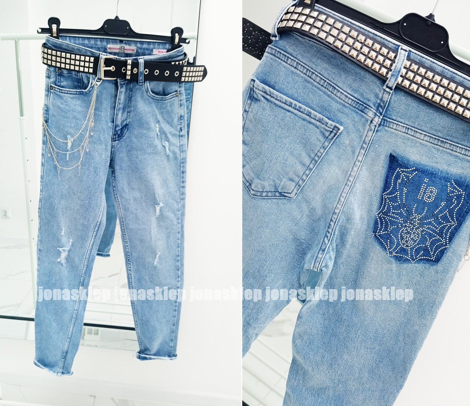 Straight jeansy JASNE łańcuch shine cyrkonie