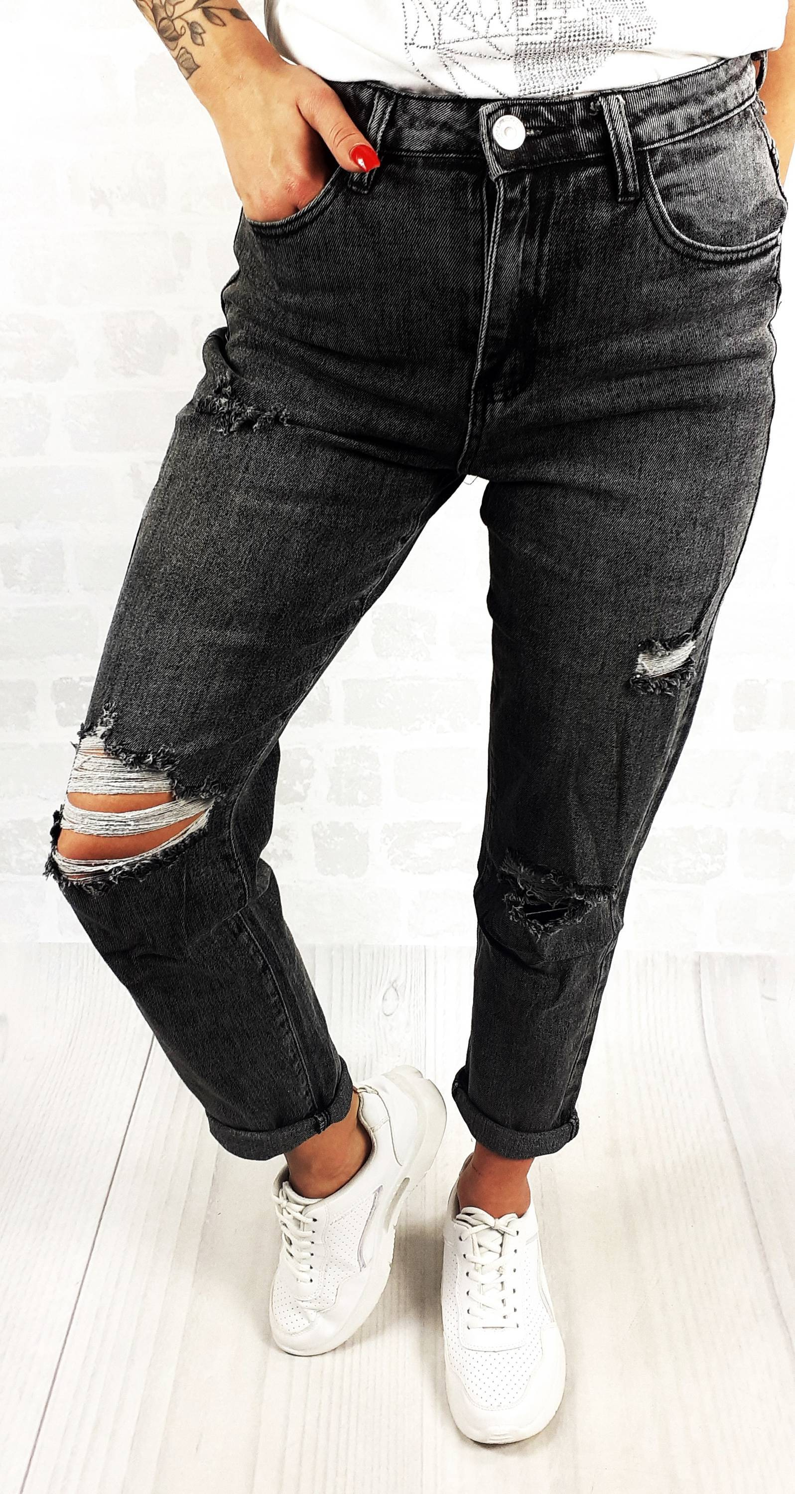 DENIM MOM FIT GRAY JEANSY HOLES