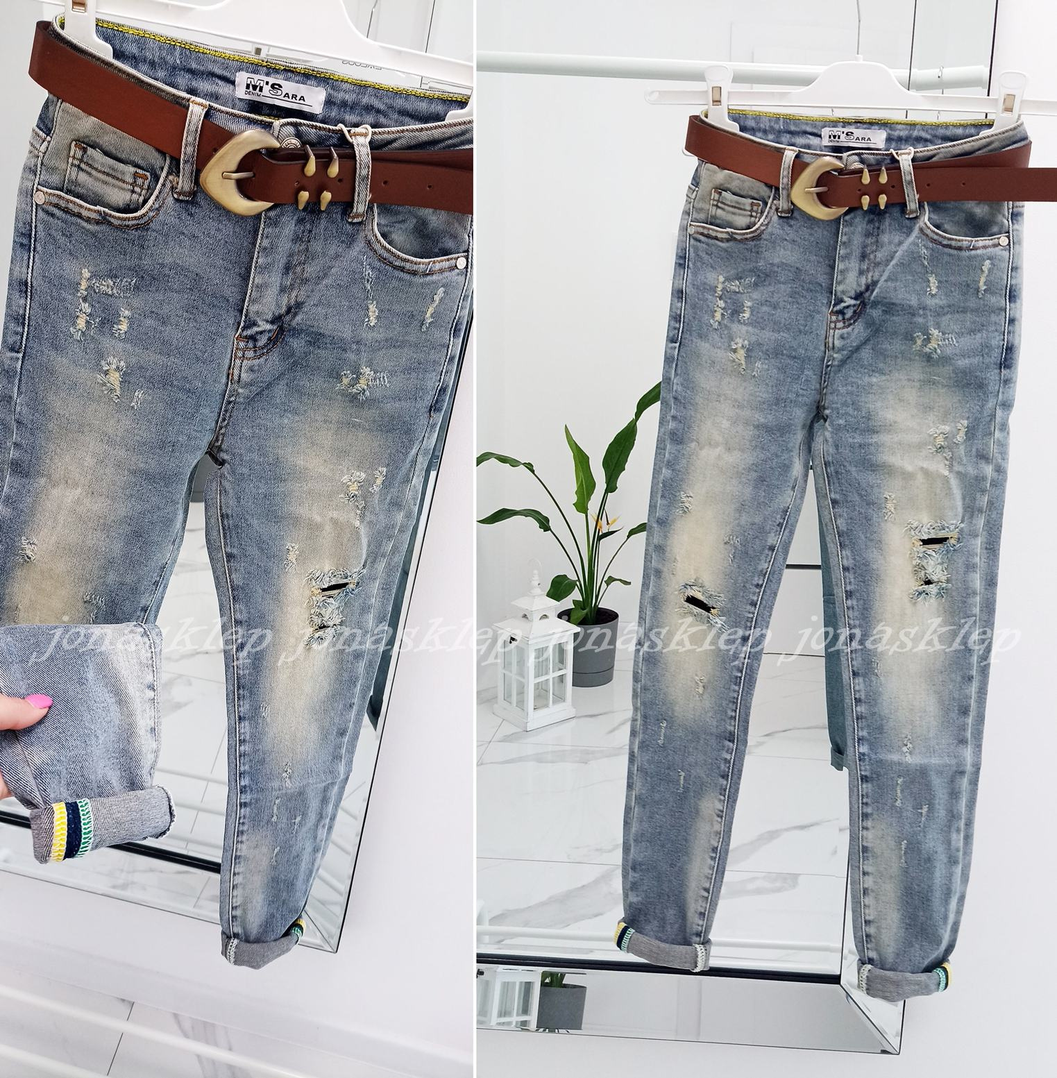 Holes slim fit classic jeans z dziurami PASEK