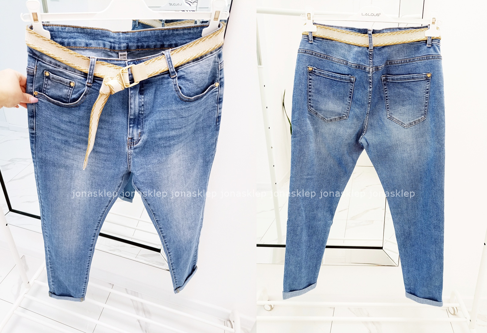 Jeansy mom fit casual SLIM pasek PLUS SIZE