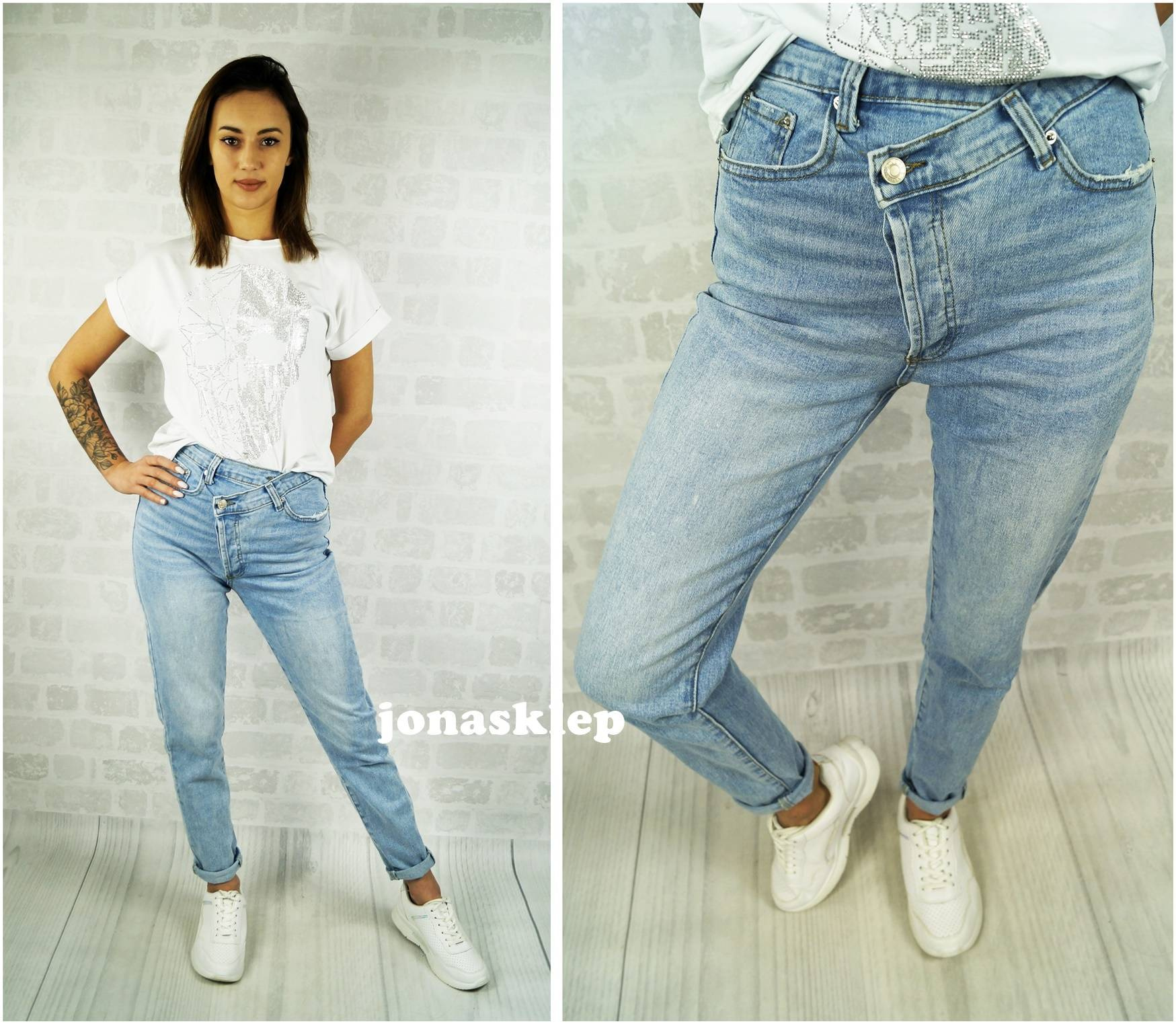 Baggy jeans guziki na skos STEP jasne