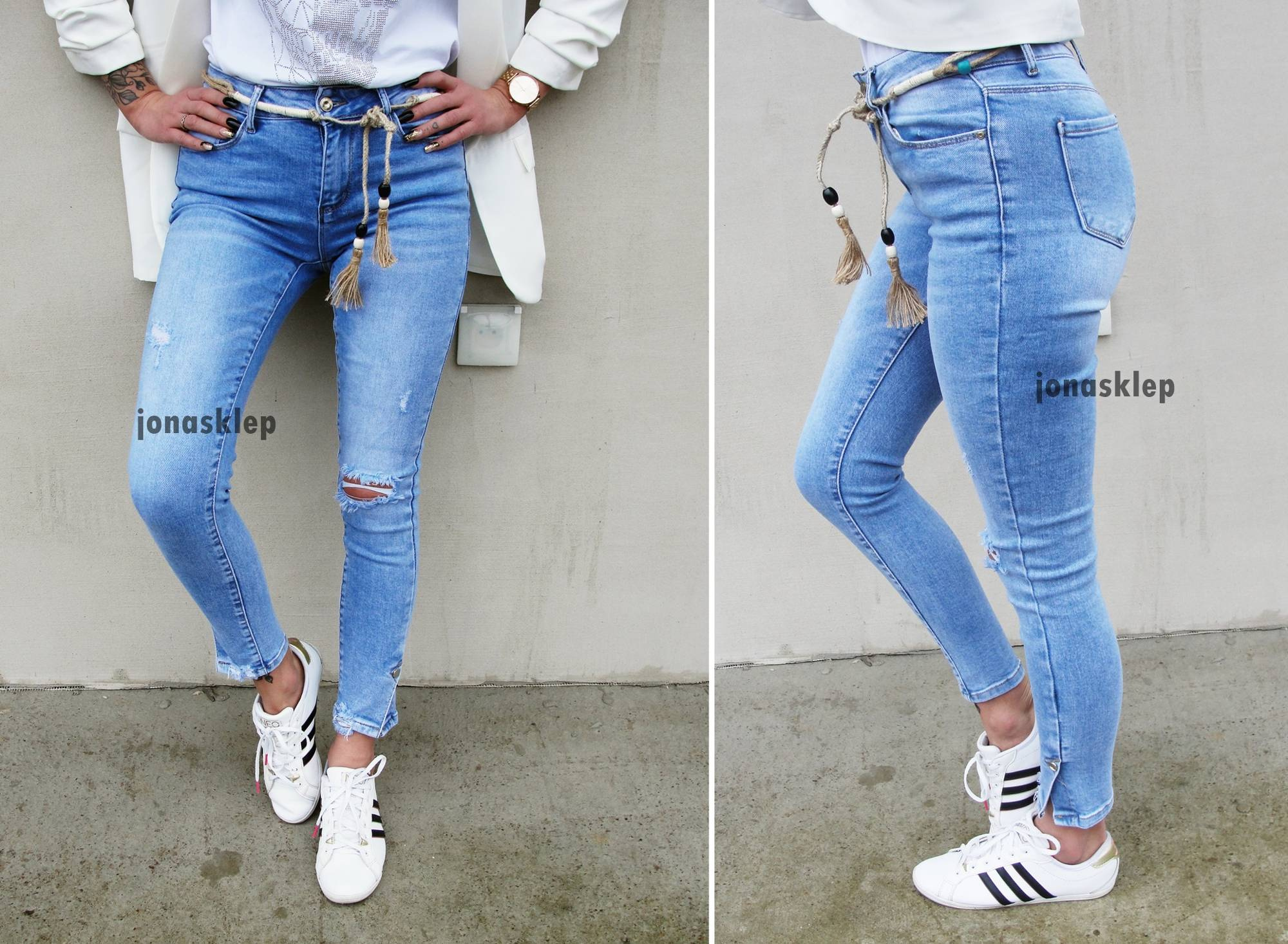 DENIM jasne JEANSY rozcięcia PASEK SKINNY napy