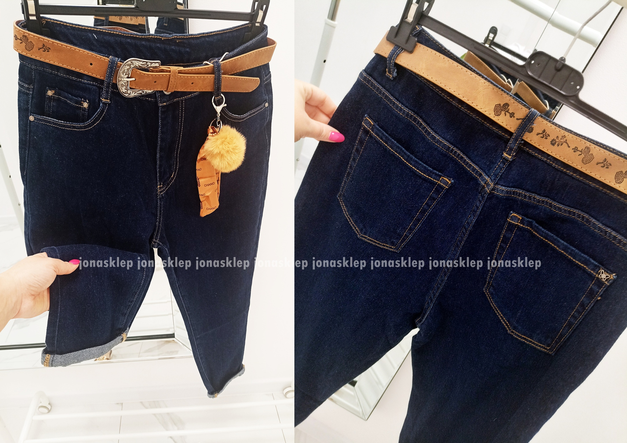 MOM JEANS casual blue dark PASEK PLUS SIZE