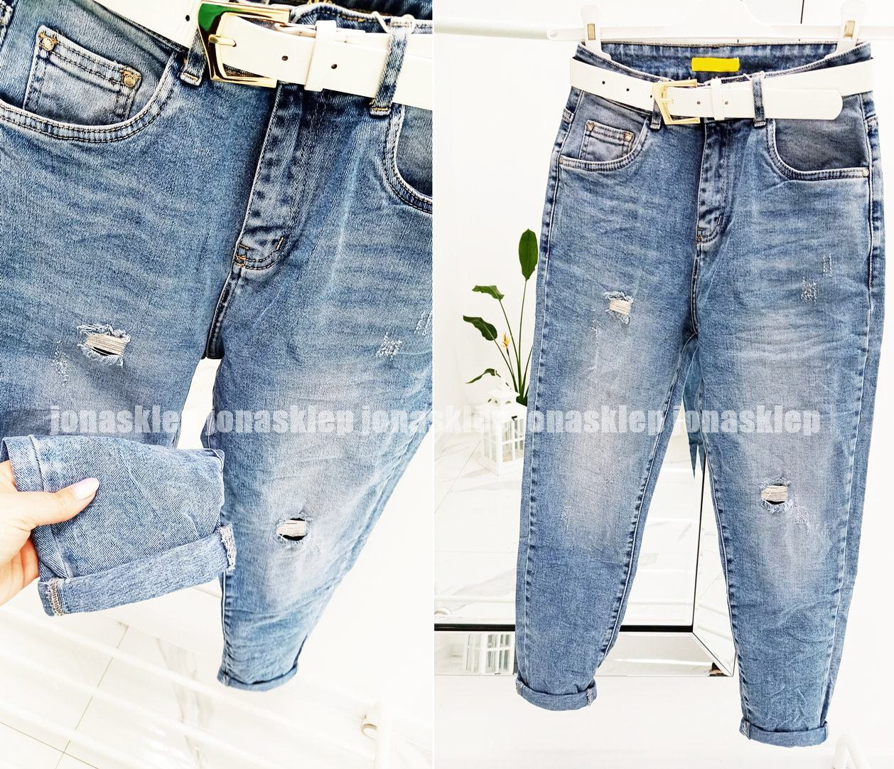 MAYBE mom fit casual jasne baggy pasek dziury