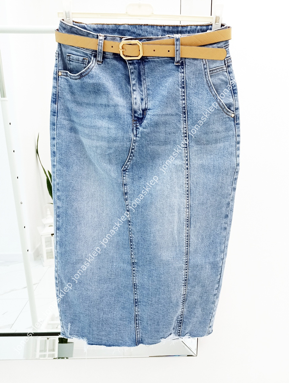 Elegancka jasna jeansowa Spódnica przeszycia MIDI rozporek PLUS SIZE