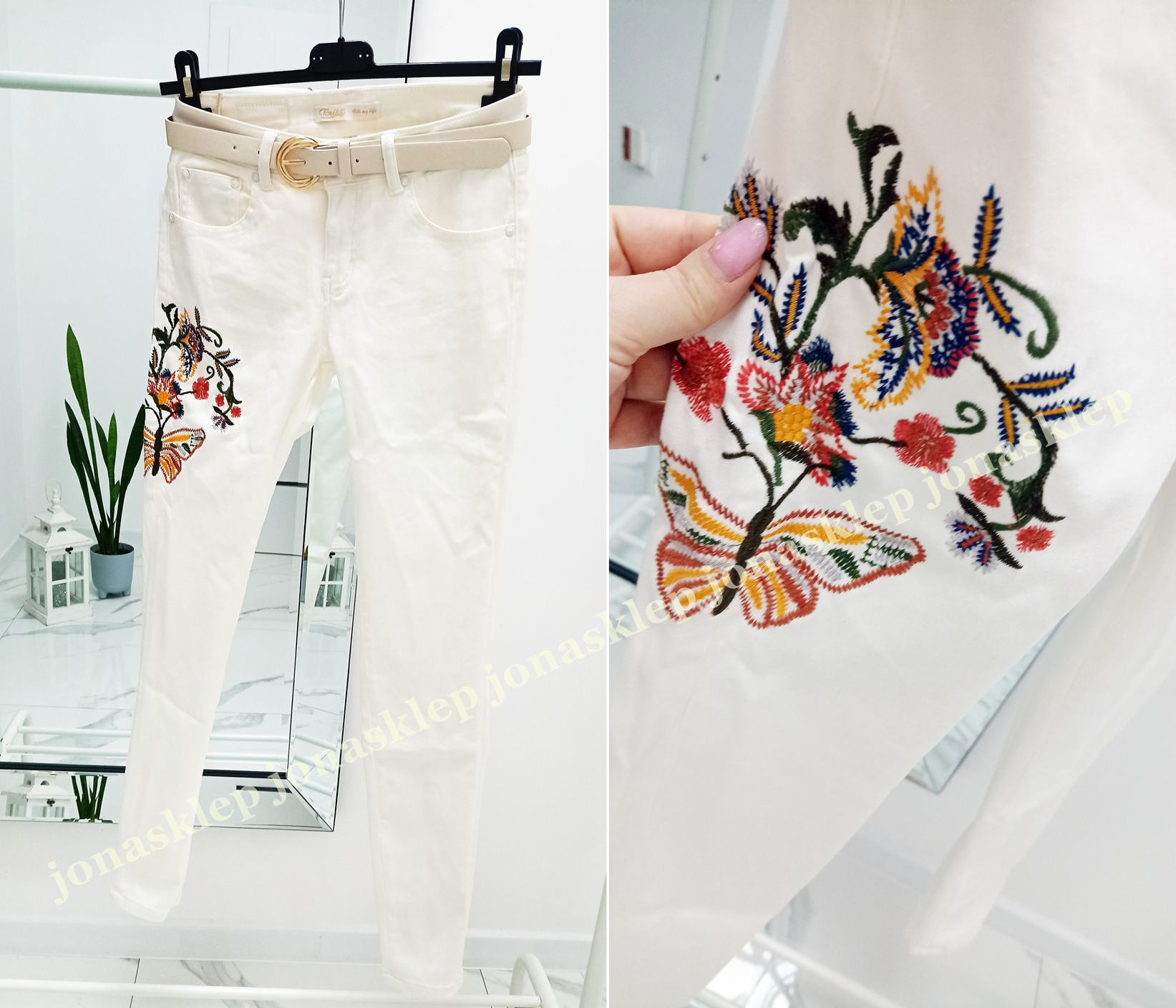 Białe spodnie z haftem BESOS