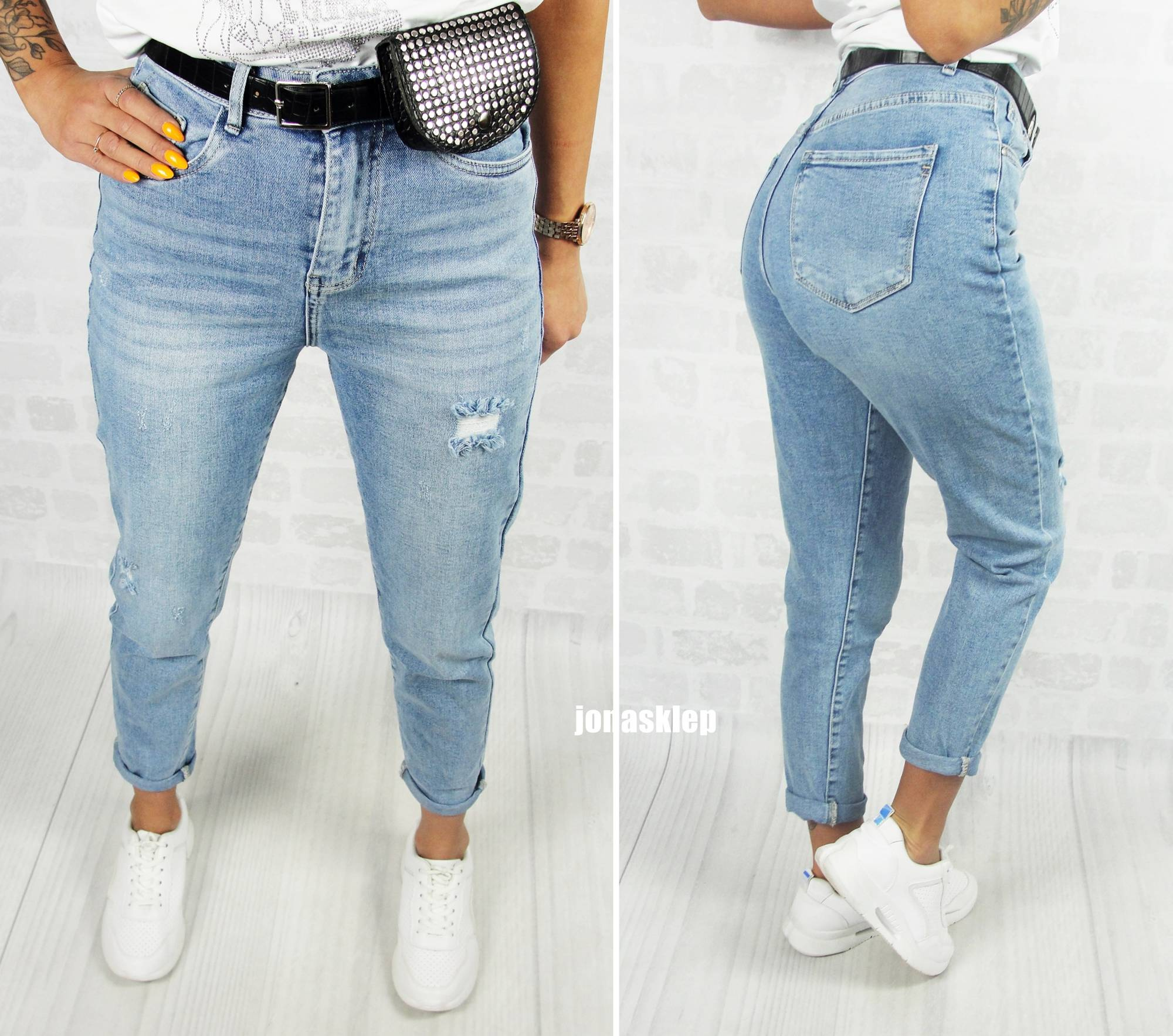 MAYBE mom fit casual jasne baggy pasek saszetka