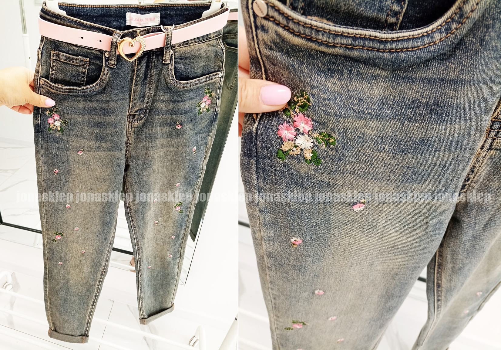 FLOWERS Boyfriendy mom fit KWIATY haft pasek