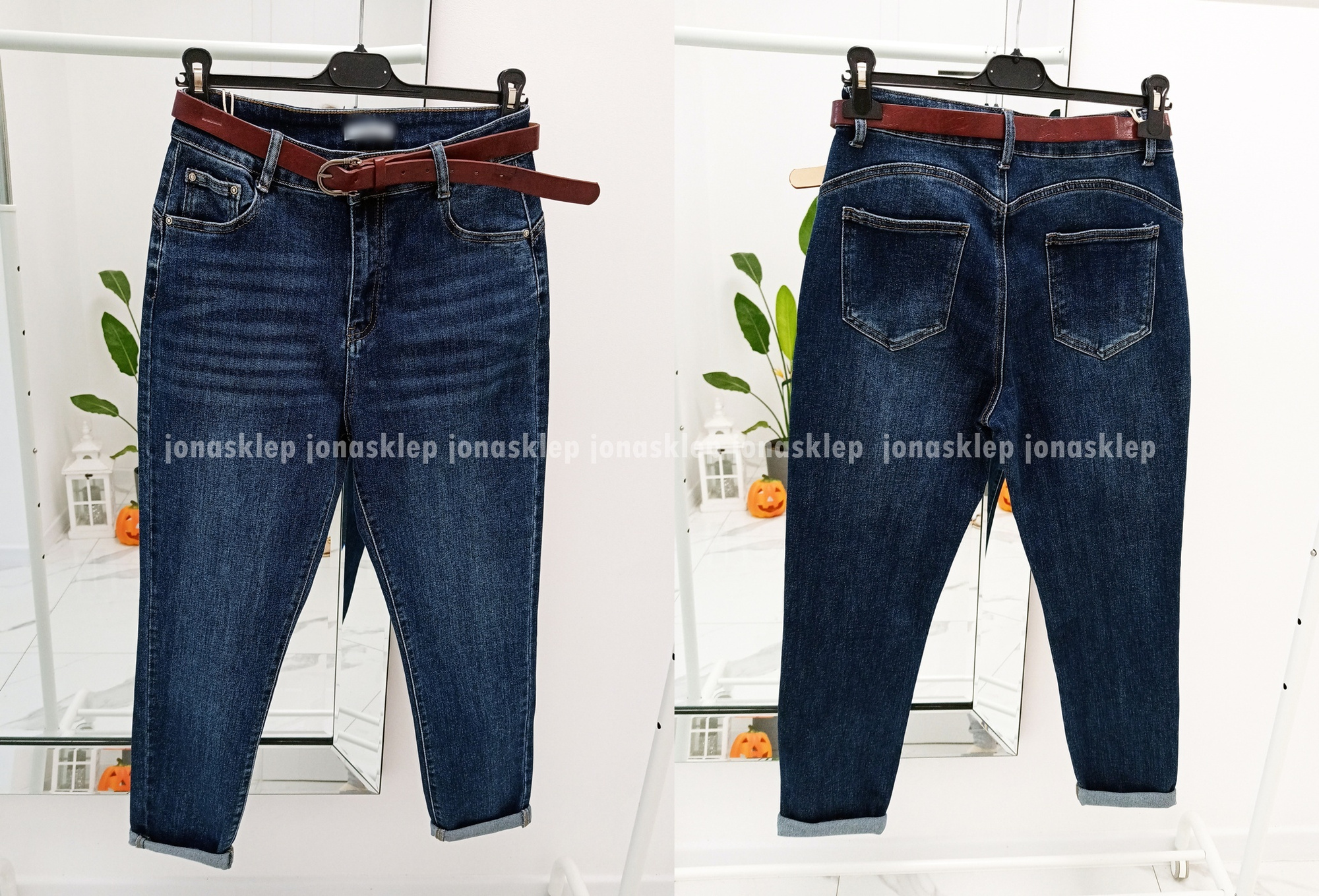 MOM JEANS casual blue dark PASEK PLUS SIZE