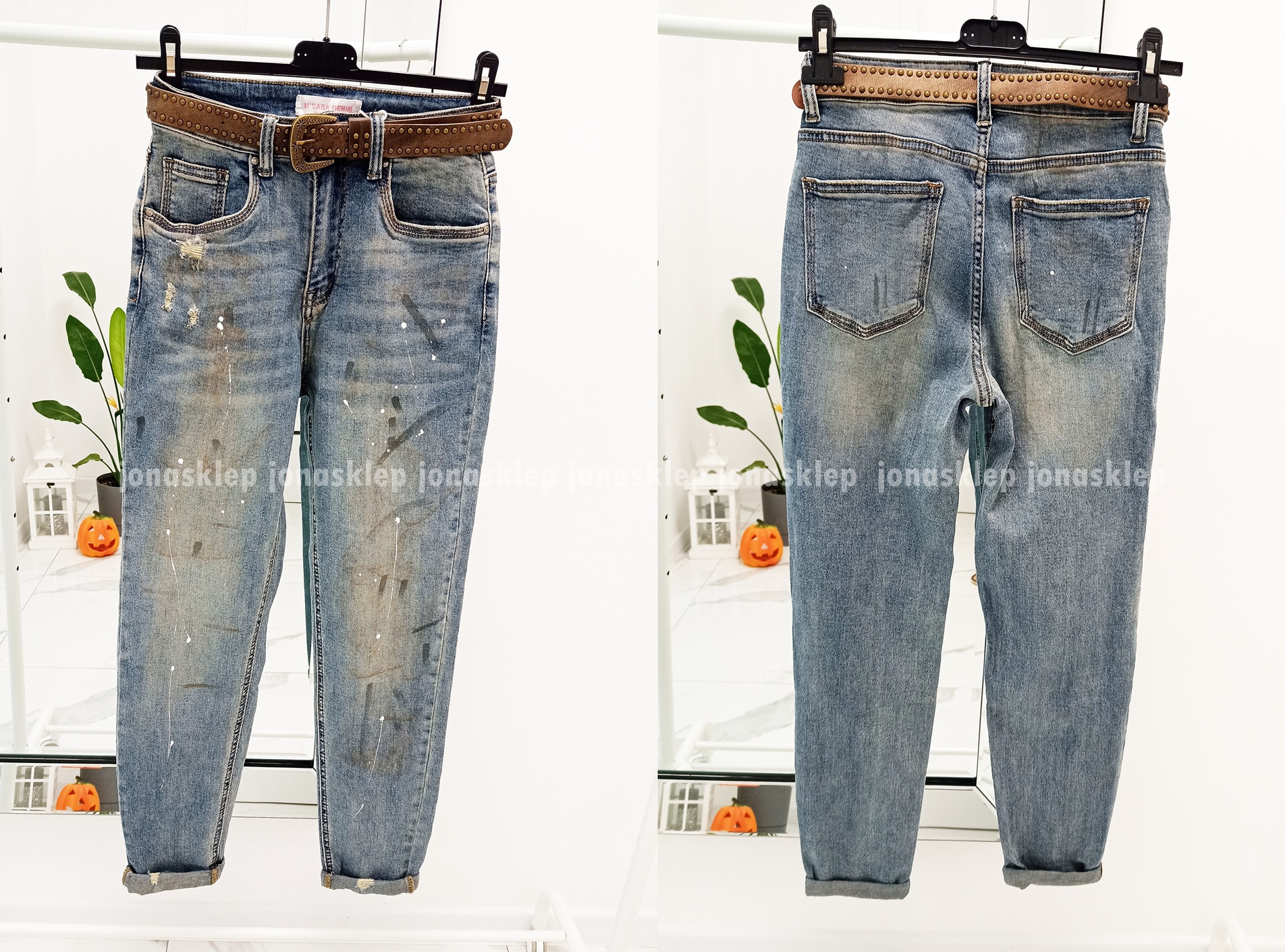 Jeansy mom fit casual baggy pasek PRINT farbki