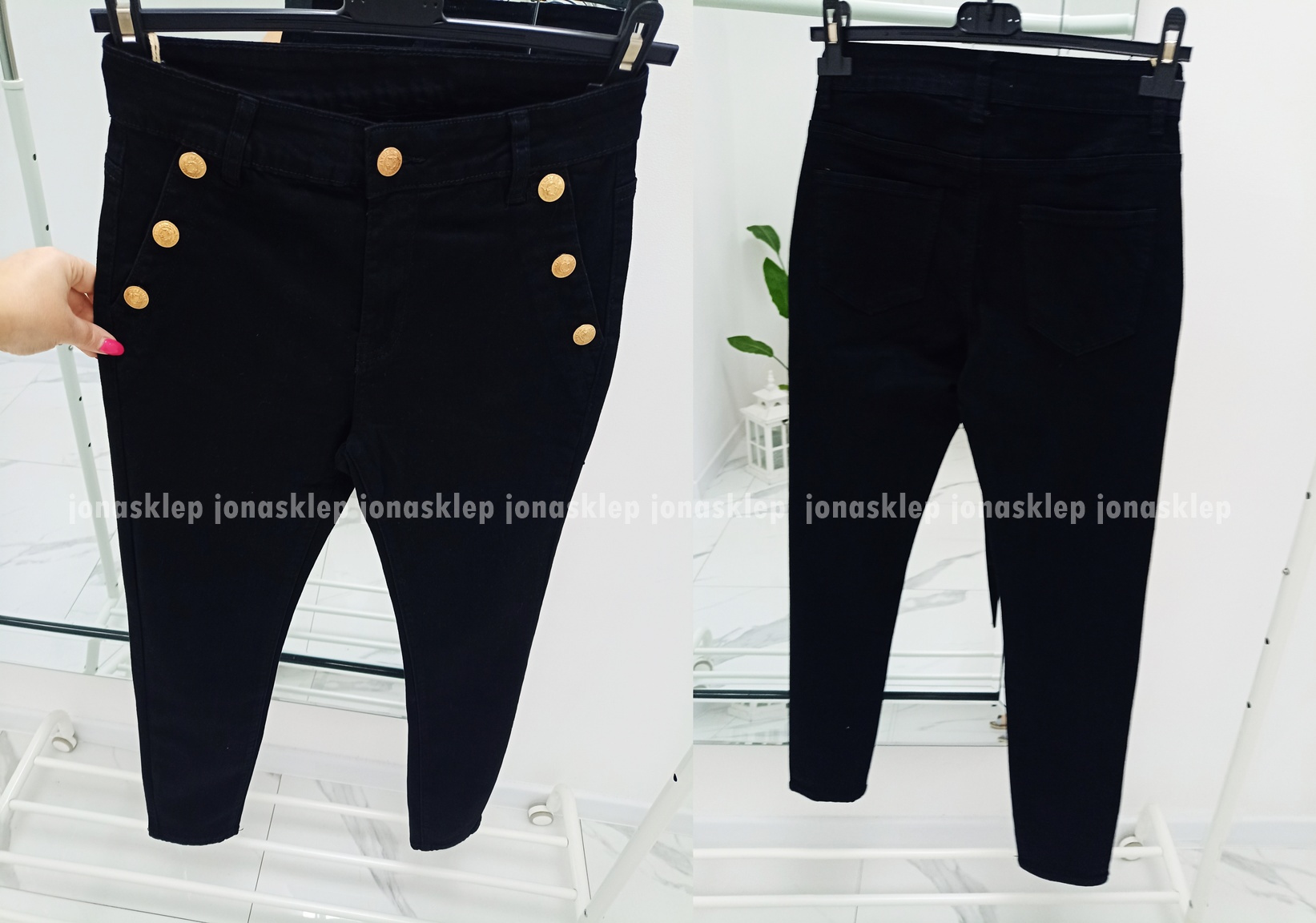 Czarne jeansy złote guziki SLIM FIT BUTTON plus size