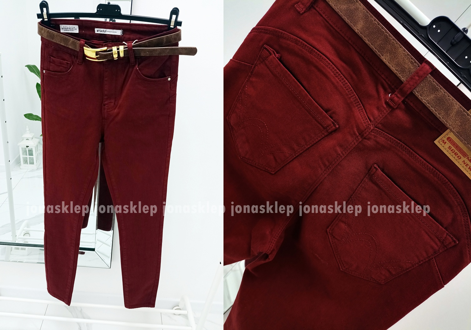 Jeansy BORDOWE PUSH UP casual bordo PLUS SIZE