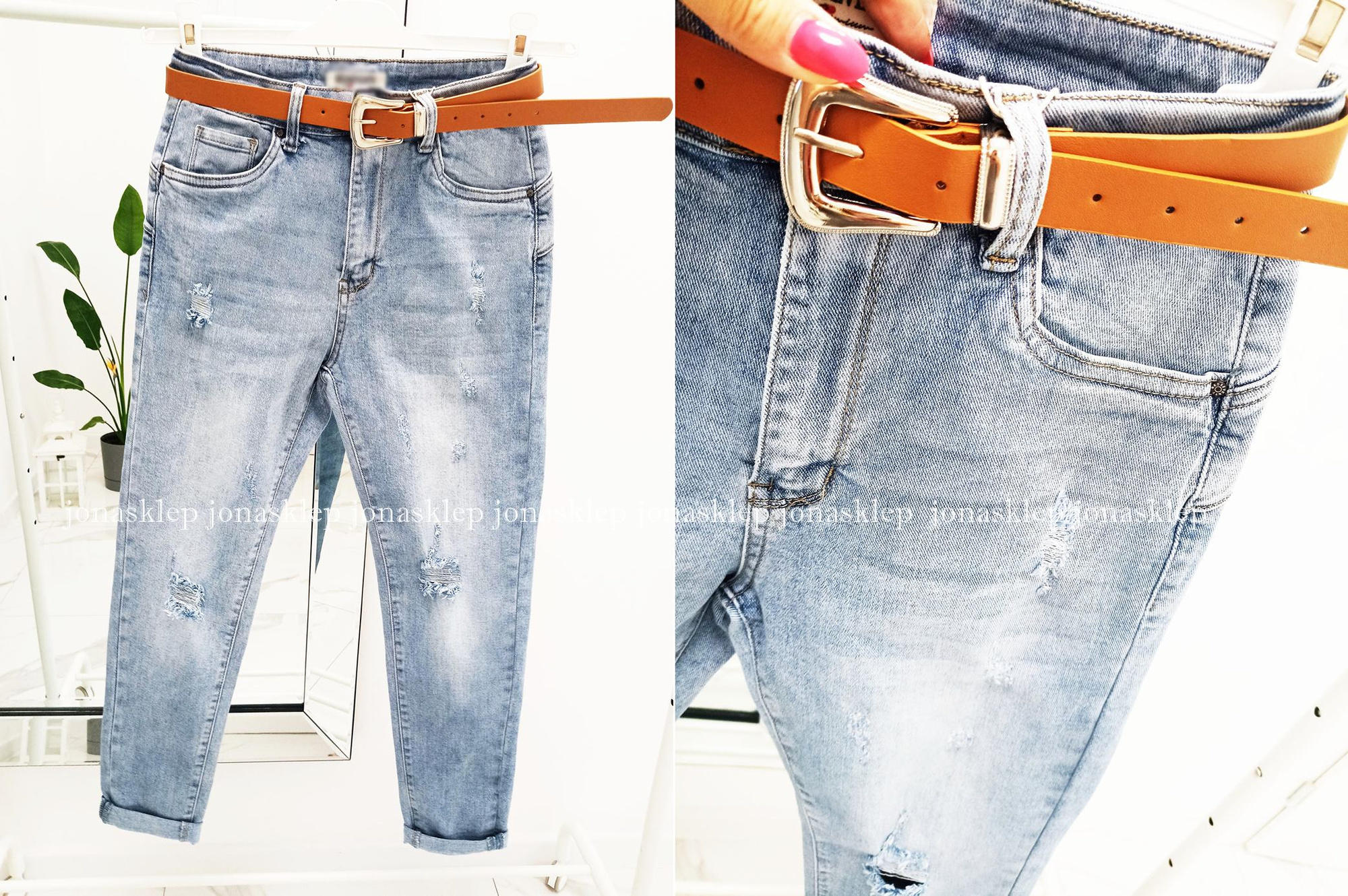 Jeansy damskie JASNE dziury pasek PLUS SIZE