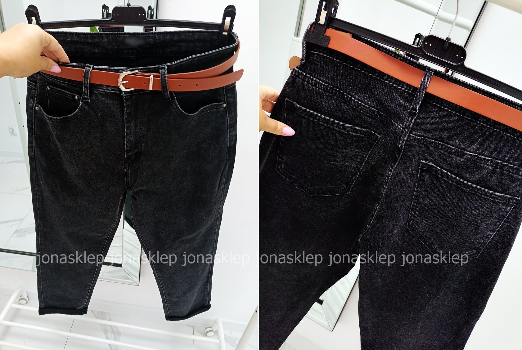 Boyfriend CZARNE luźne jeansy baggy PASEK PLUS SIZE